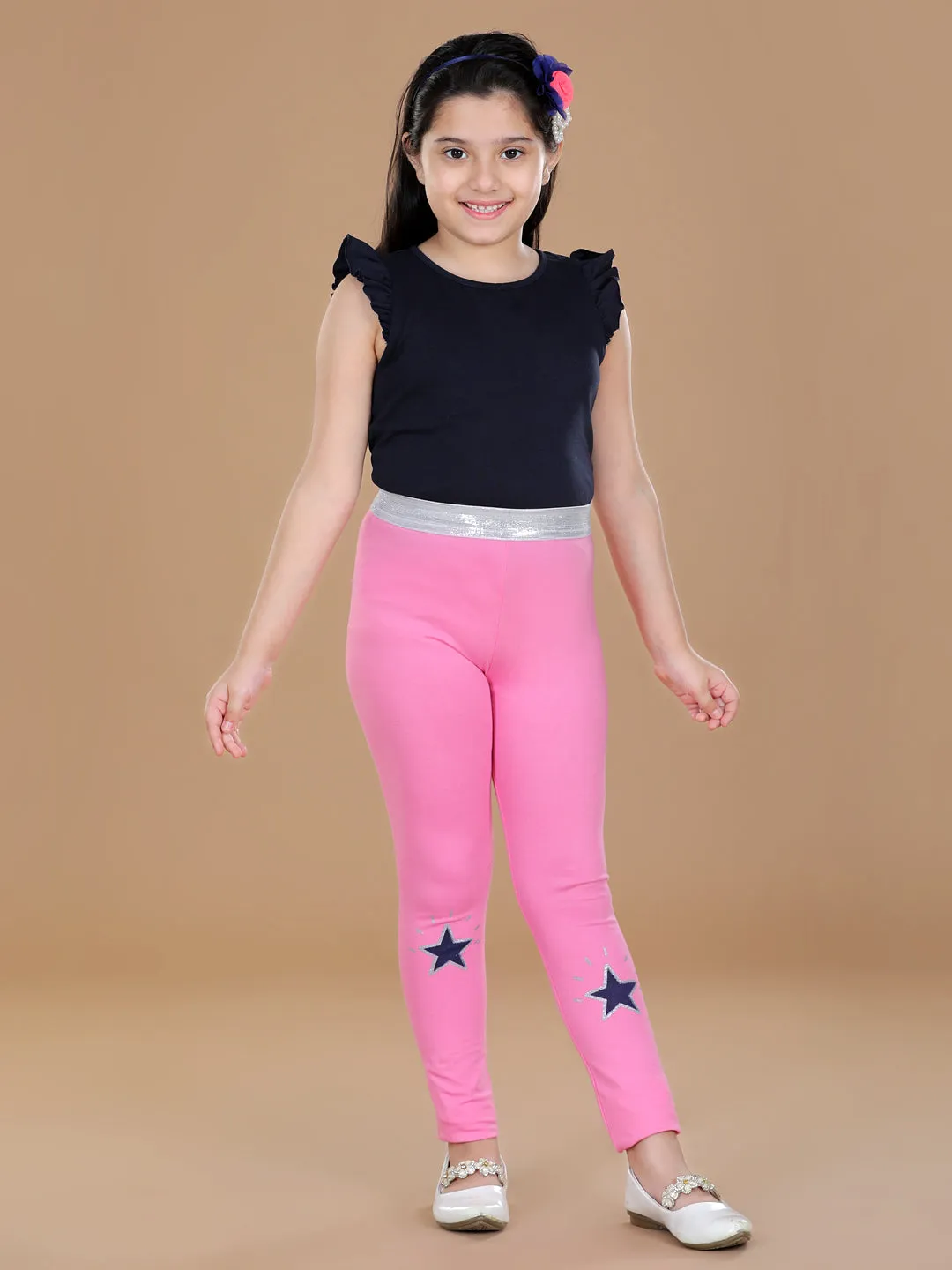 Girl's Pack Of 2 Star Printed Leggings- Pink & Black - Stylestone Kid