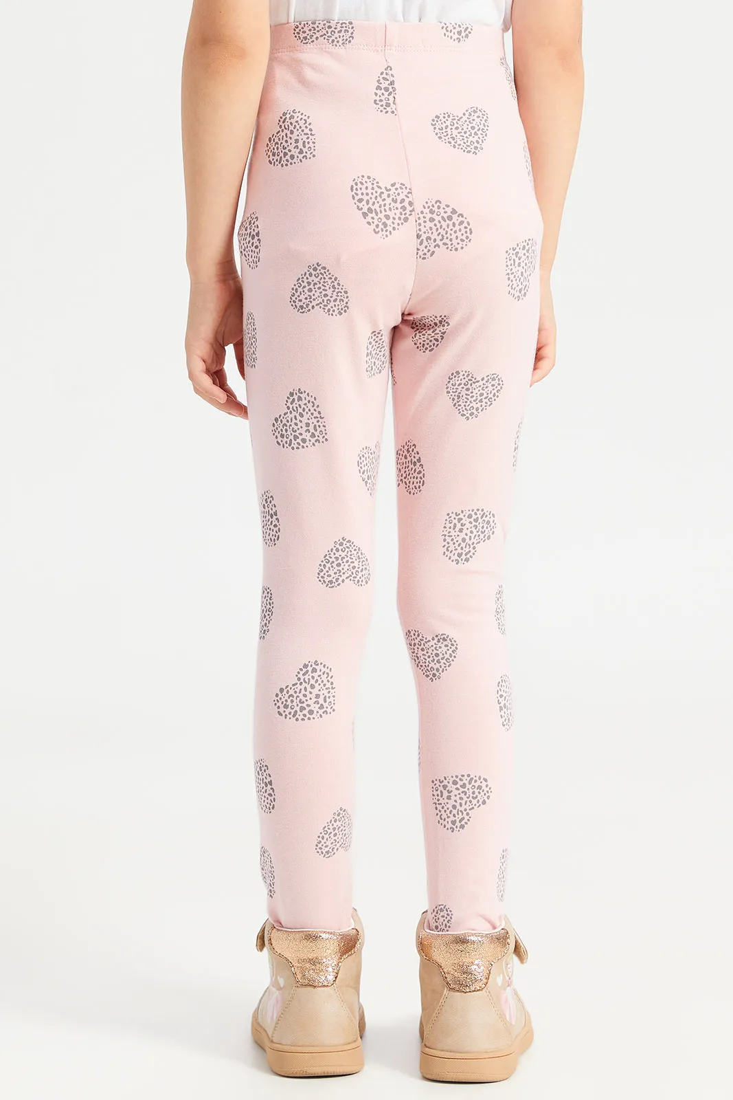 Girls Pink Heart Printed Leggings