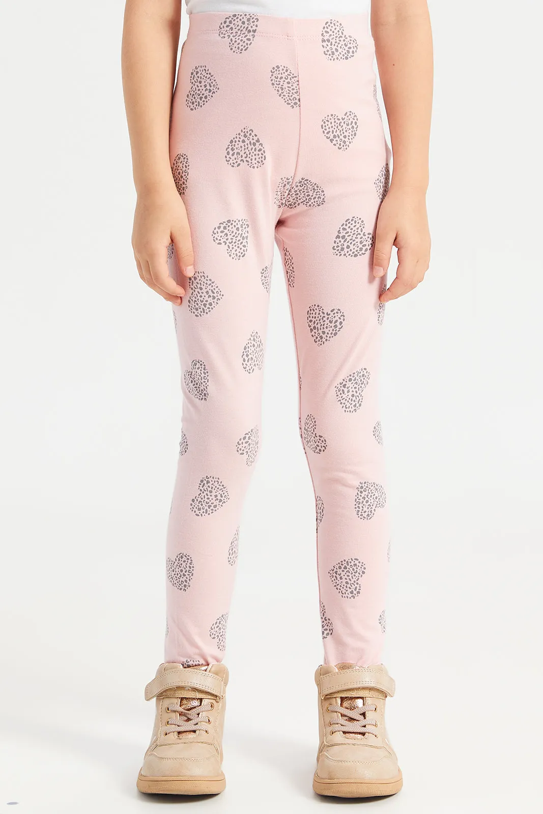 Girls Pink Heart Printed Leggings