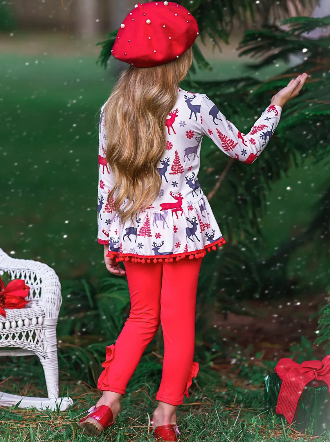 Girls Printed Long Sleeve Ruffled Pom Pom Hem Tunic And Red Legging Set