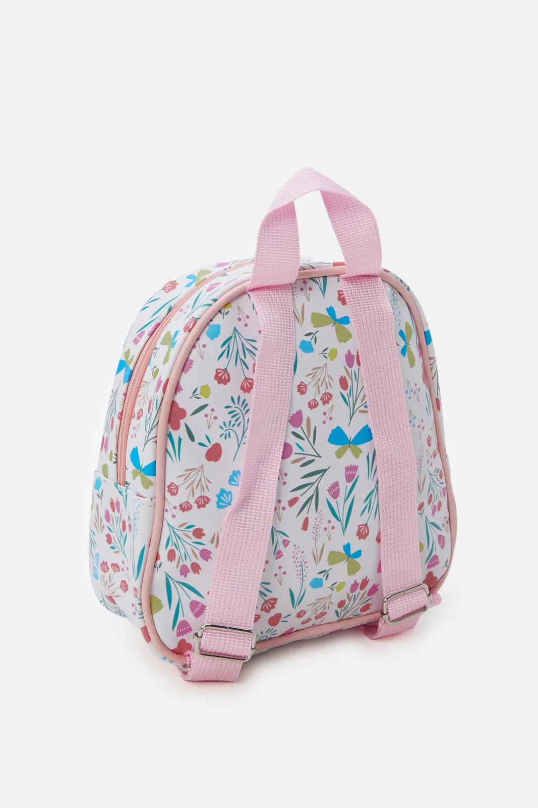 Girls White And Pink Printed Backpack