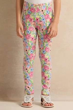 Girls White Floral Leggings