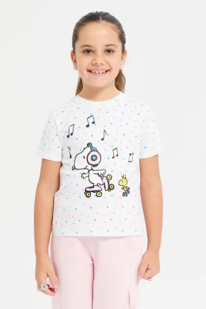 Girls White Snoopy Printed T-Shirt