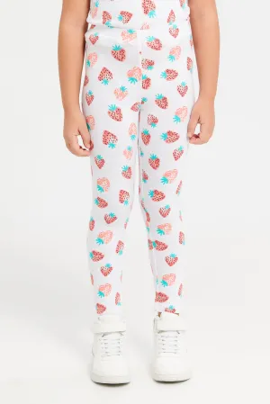 Girls White Strawberry Printed Leggings