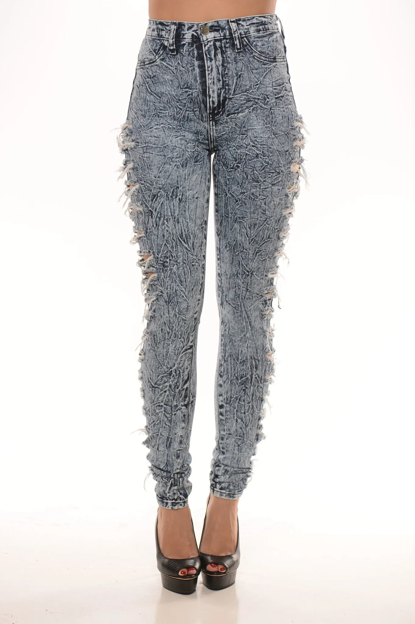 High Rise Acid Wash Side Destroyed Jean