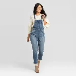 High-Rise Raw Hem Taper Denim Cropped Overalls