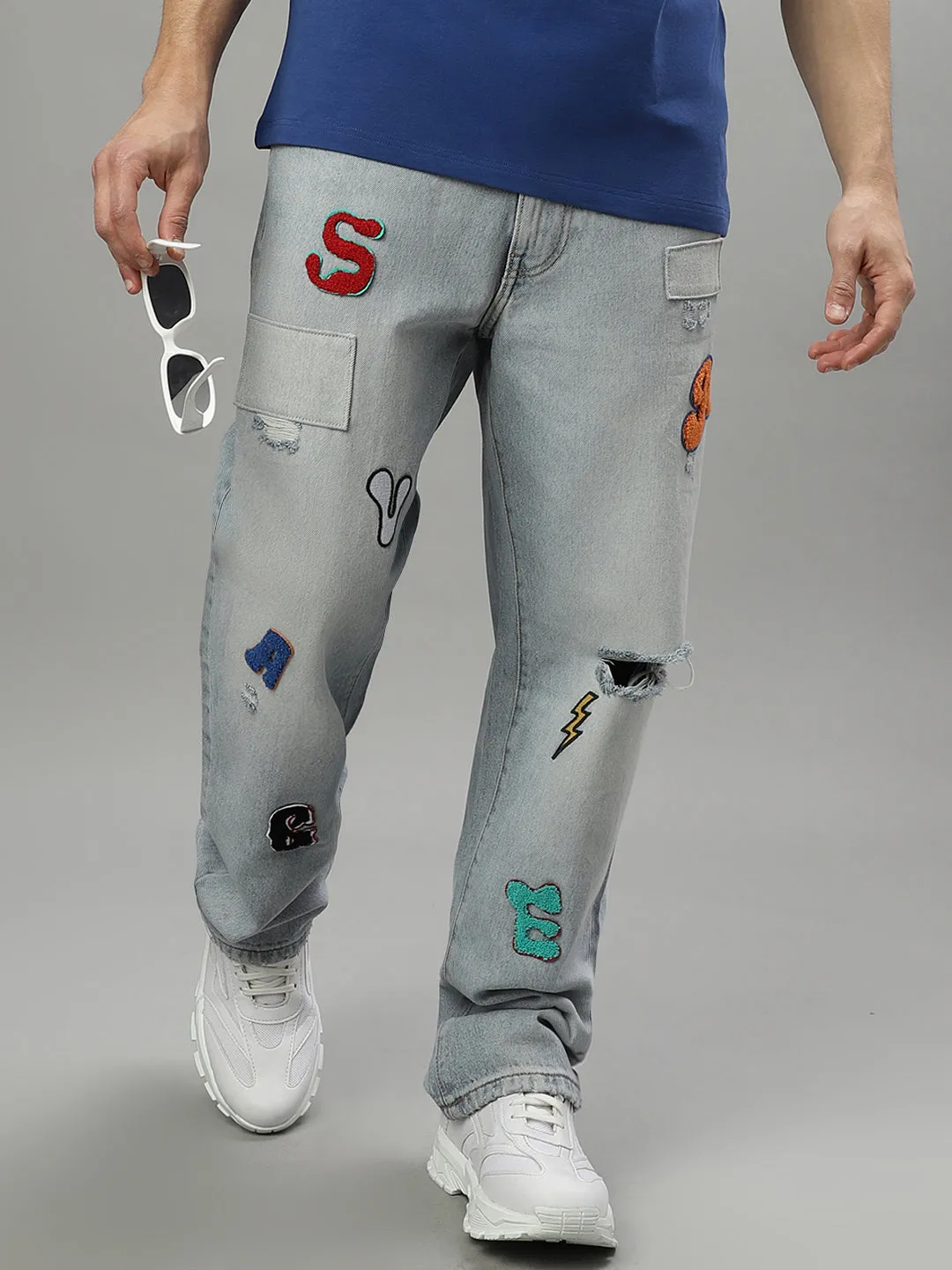 Iconic Men Blue Embroidered Relaxed Fit Jeans