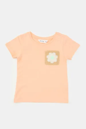 Infant Girls Peach Crochet Pocket T Shirt