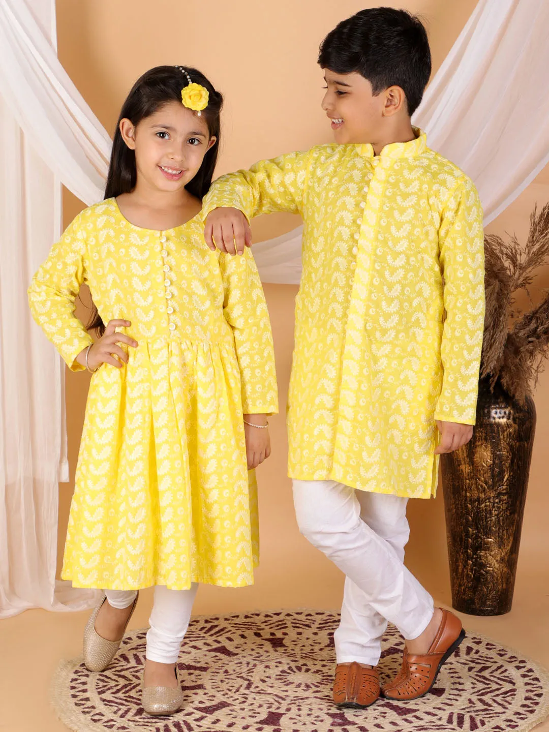 Jashvi Mustard Pure Cotton Chikankari Siblings Set