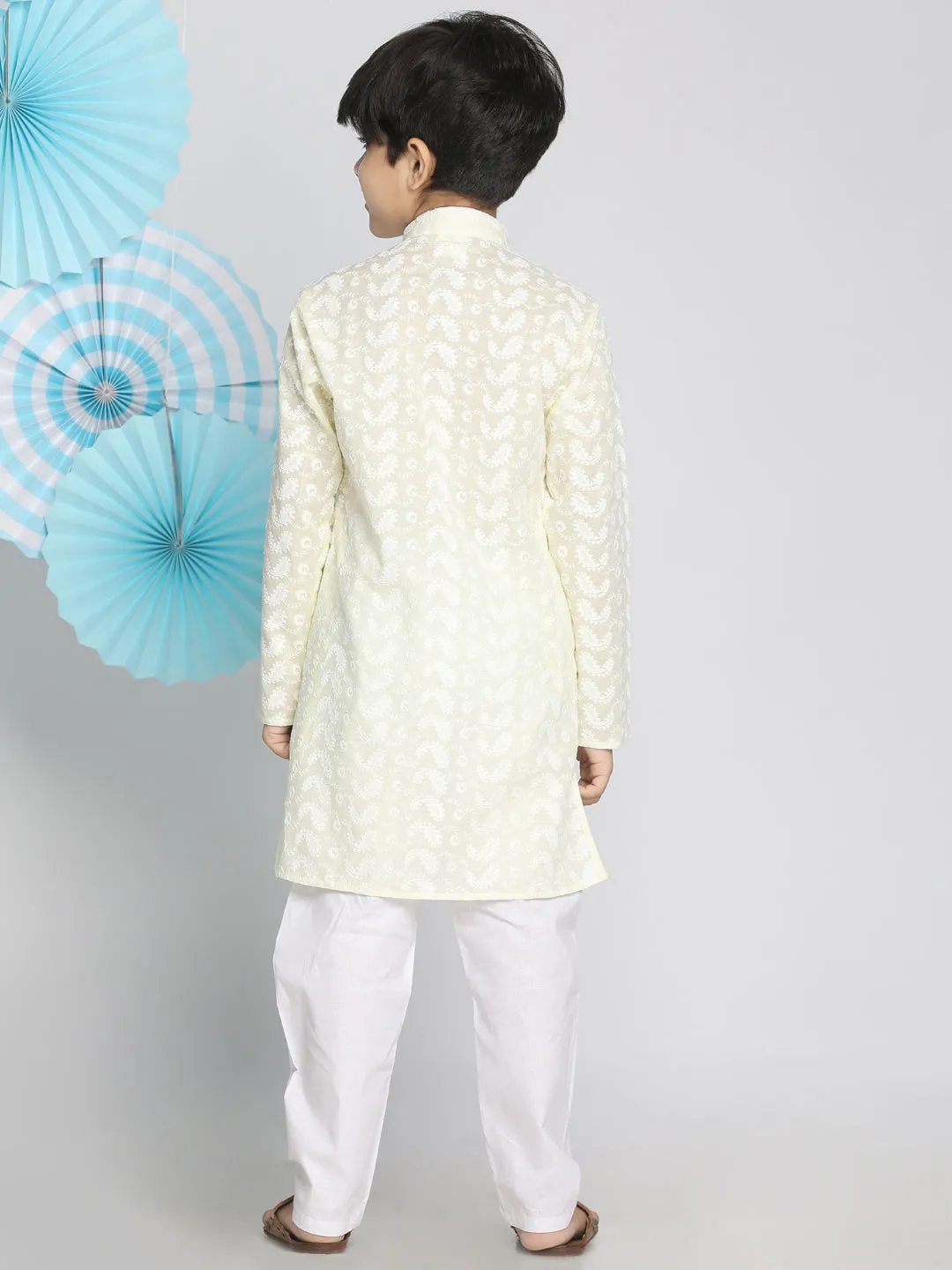 Jashvi Yellow Pure Cotton Chikankari Siblings Set