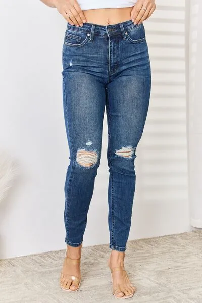 Judy Blue, High Waist Distressed Slim Jeans