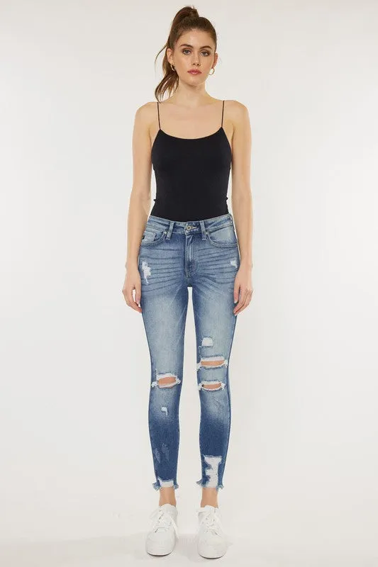 Kan Can High Rise Fray Hem Ankle Skinny