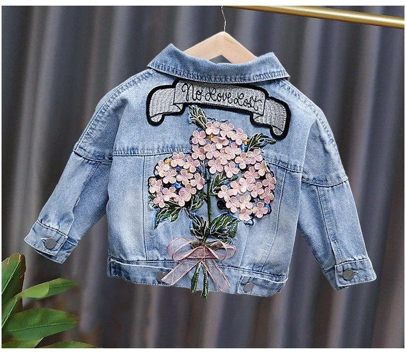 Kids Girls Flower Embroidered Distressed Finish Denim Jackets