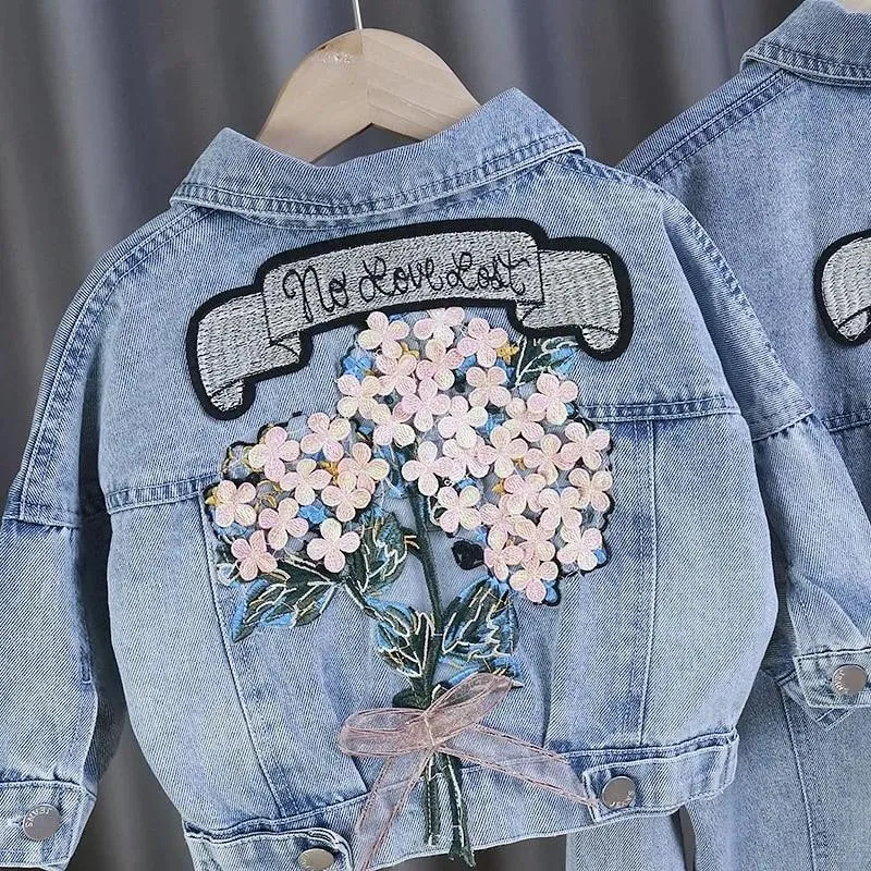 Kids Girls Flower Embroidered Distressed Finish Denim Jackets