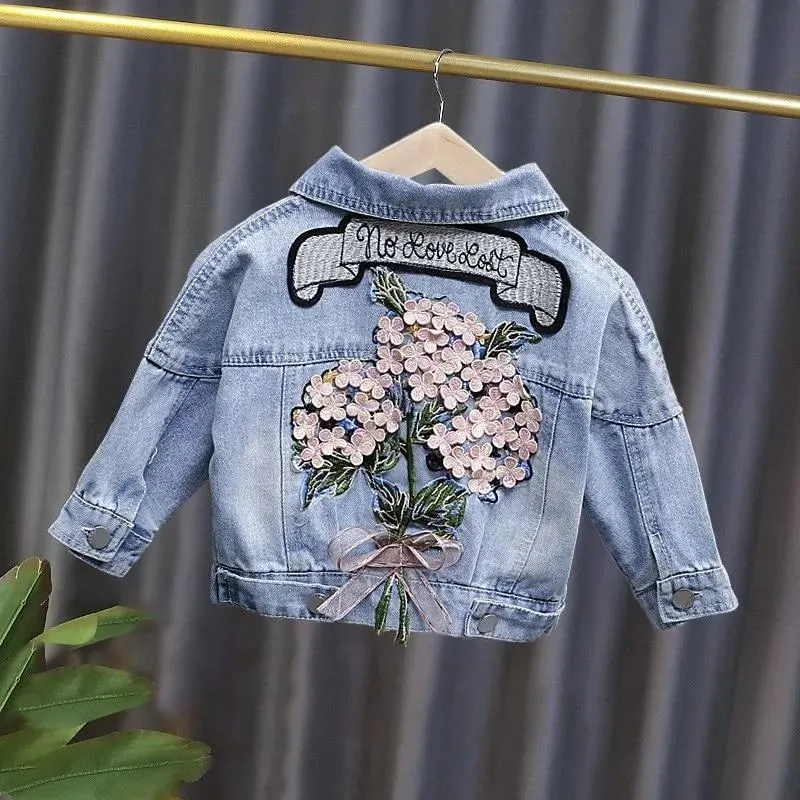 Kids Girls Flower Embroidered Distressed Finish Denim Jackets