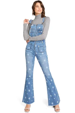 Lana Roux Star Print Zipper Denim Flare Overalls