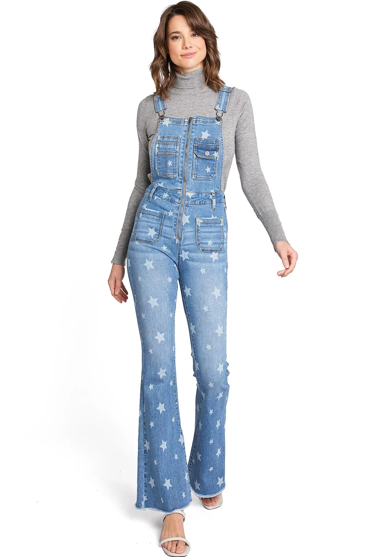 Lana Roux Star Print Zipper Denim Flare Overalls