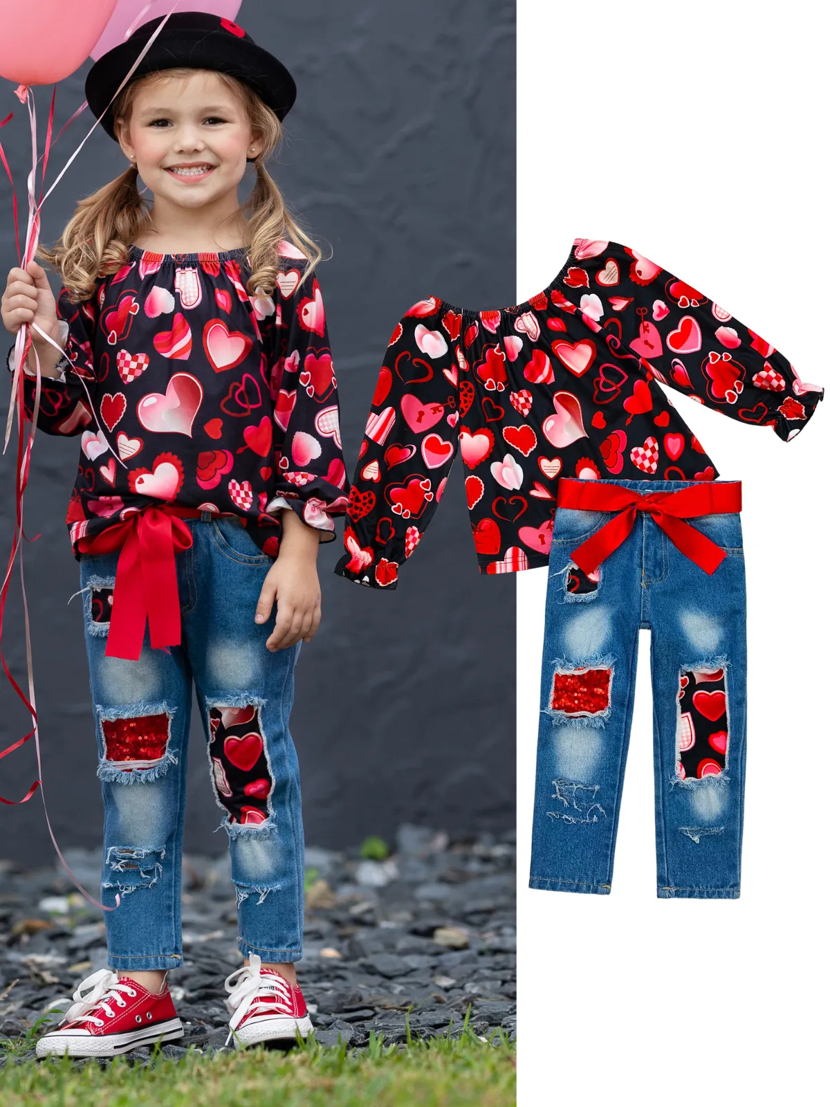 Love Power Distressed Patched Jeans Set