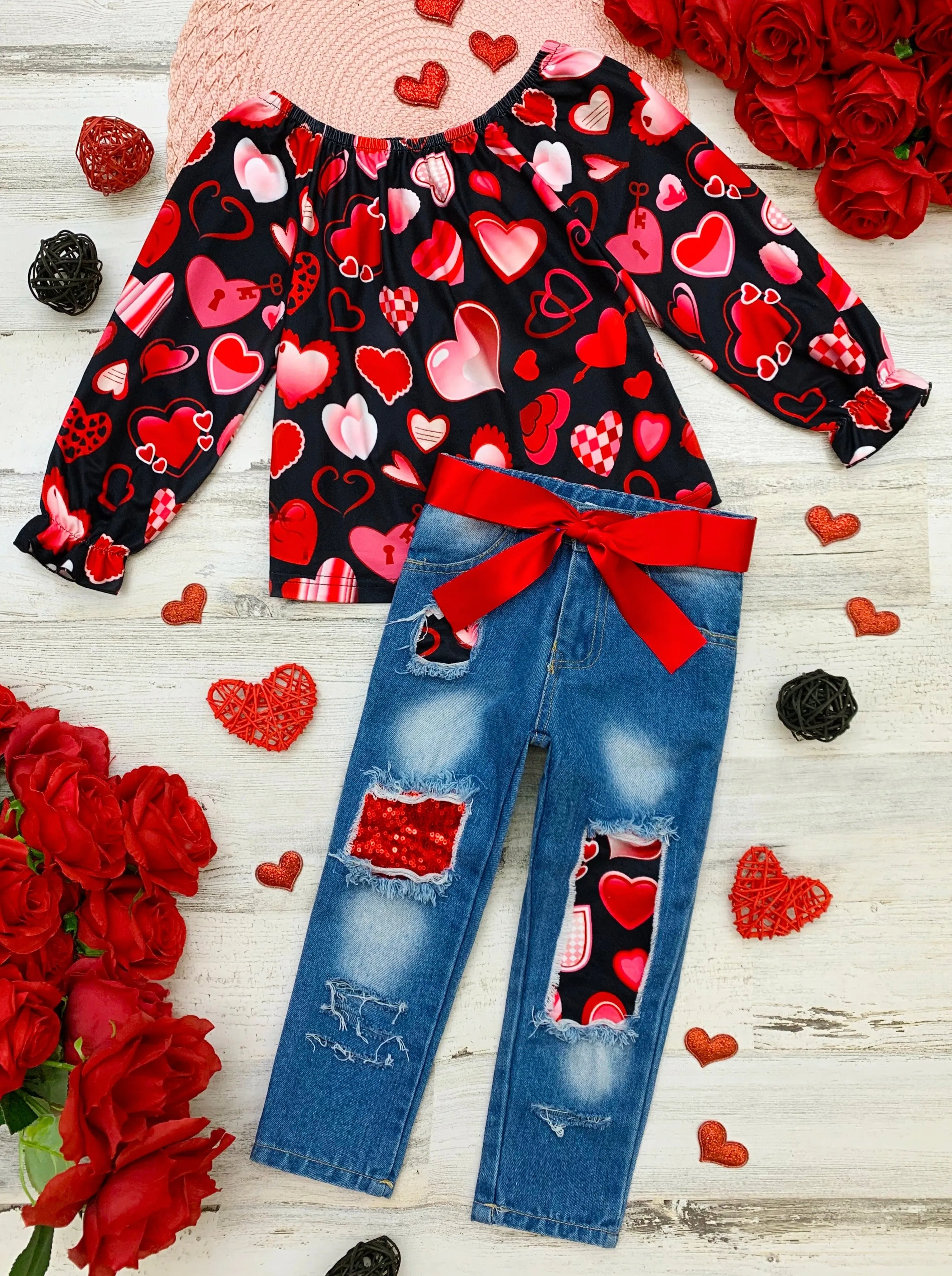 Love Power Distressed Patched Jeans Set