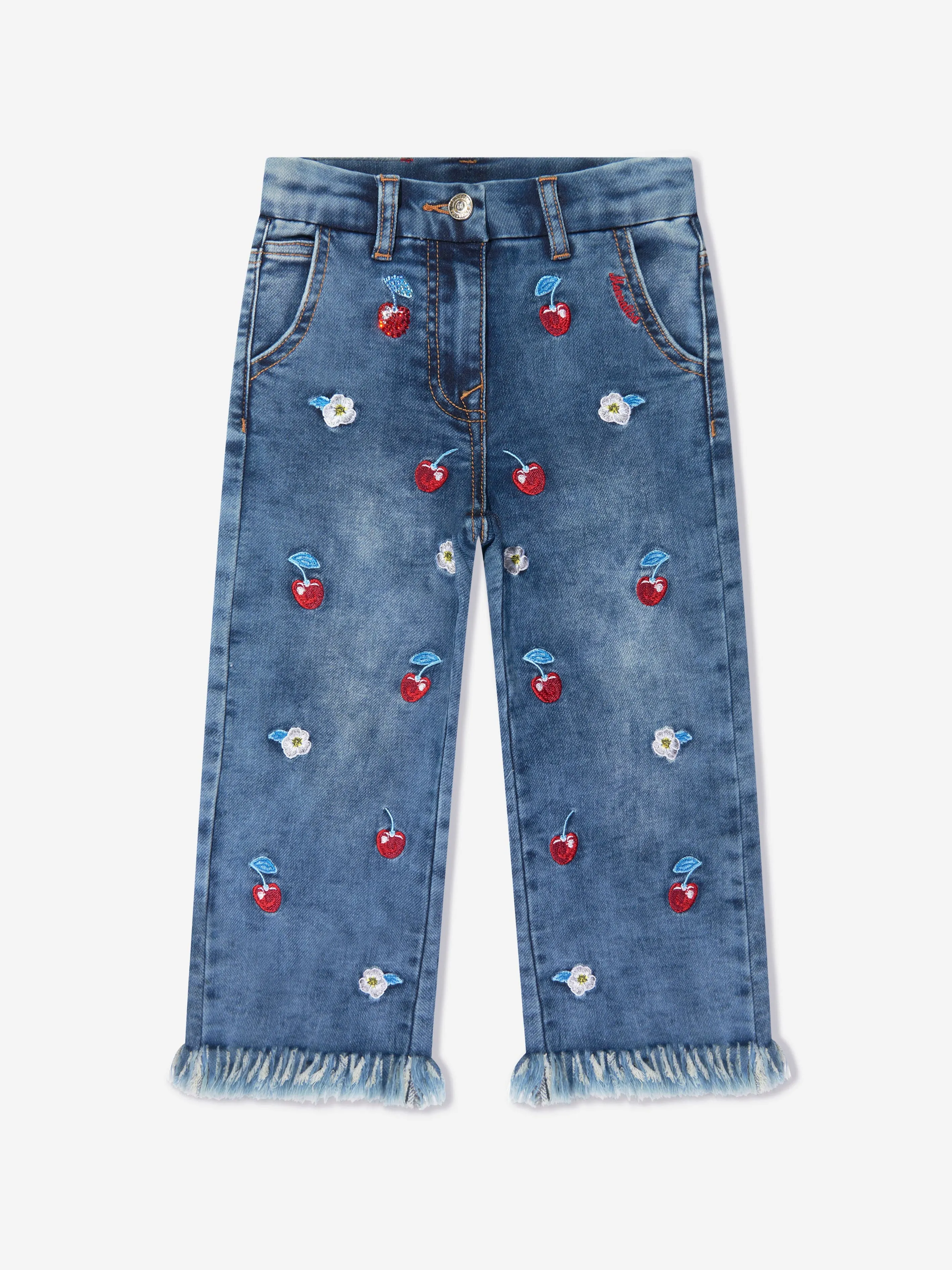 Monnalisa Girls Embroidered Cherry Jeans In Blue