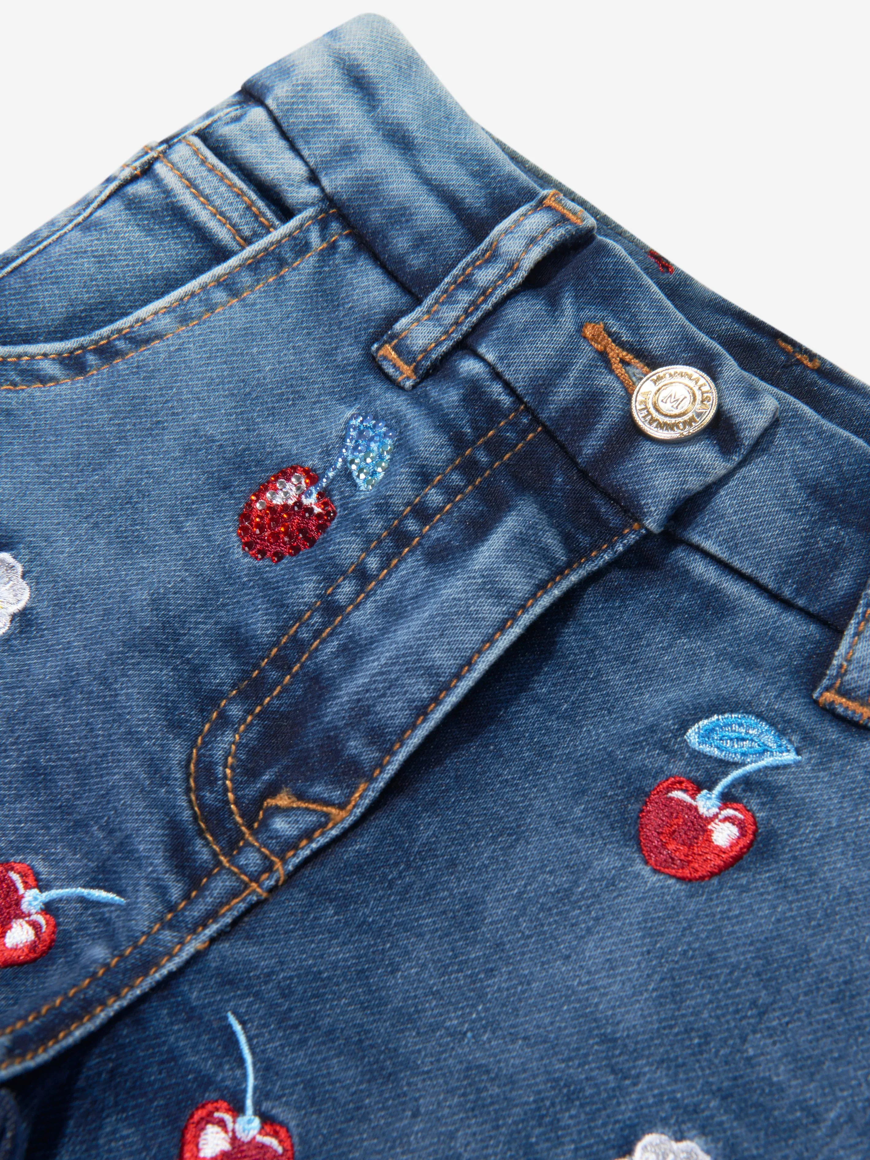 Monnalisa Girls Embroidered Cherry Jeans In Blue