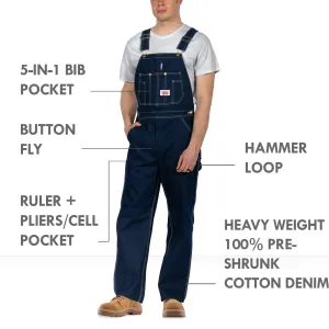 Non-USA Classic Blue Denim Button Fly Bib Overalls - Not Sewn in USA