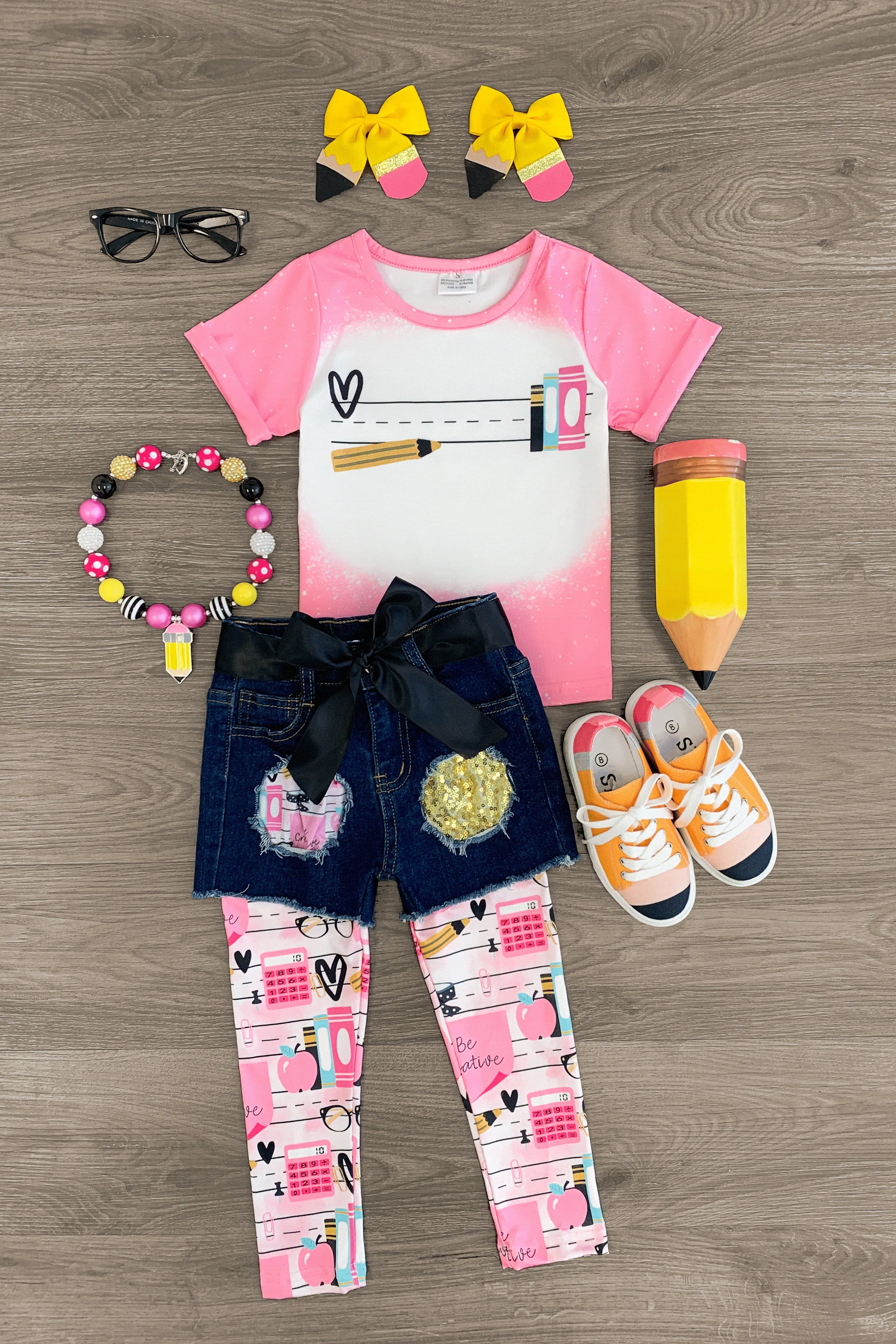 Pink Notebook Legging & Denim Short Set