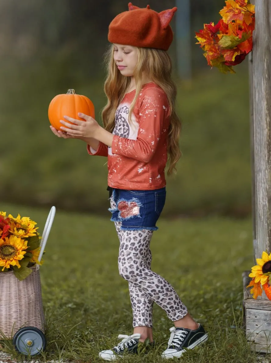 Posh Pumpkin Top, Patched Denim Shorts and Legging Set