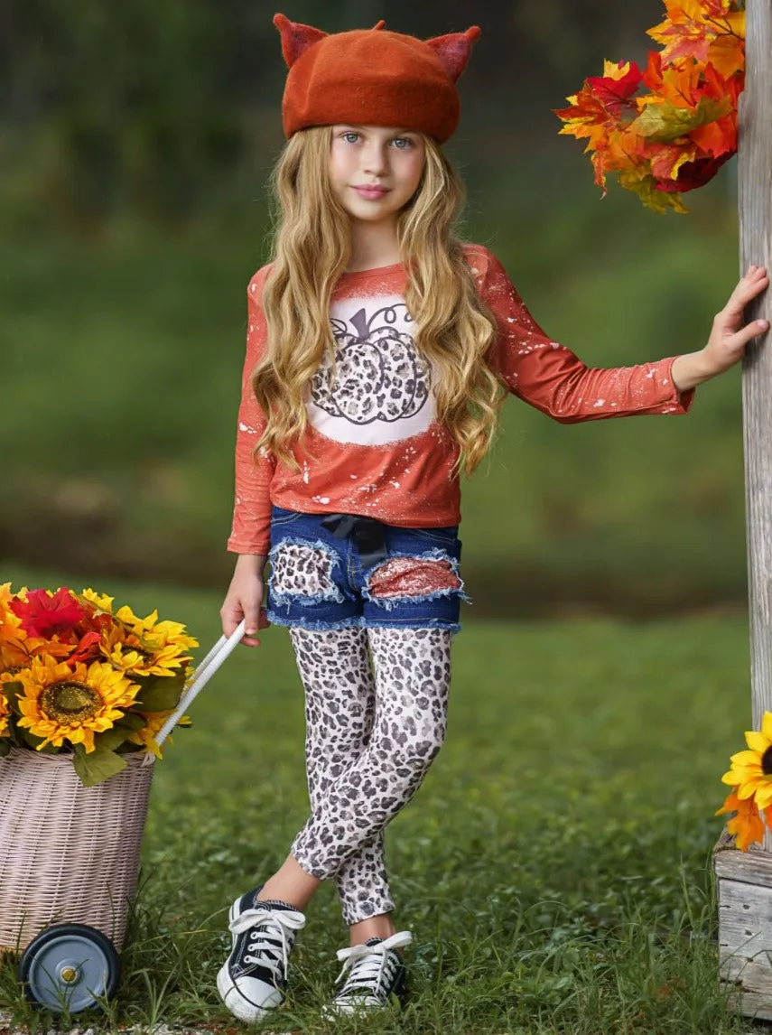 Posh Pumpkin Top, Patched Denim Shorts and Legging Set