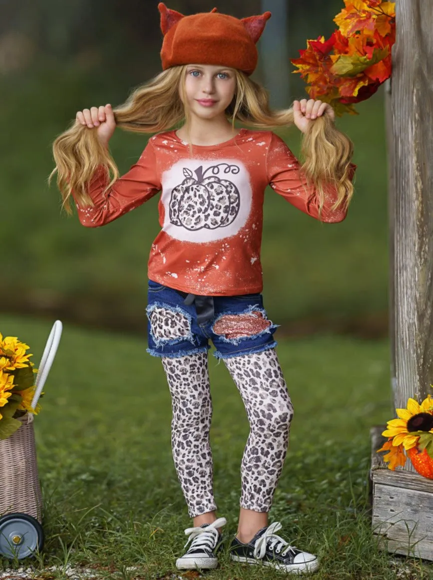 Posh Pumpkin Top, Patched Denim Shorts and Legging Set