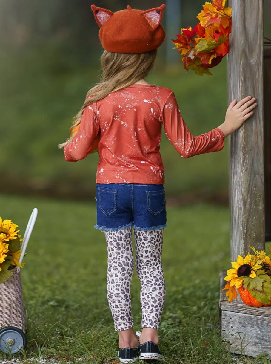 Posh Pumpkin Top, Patched Denim Shorts and Legging Set