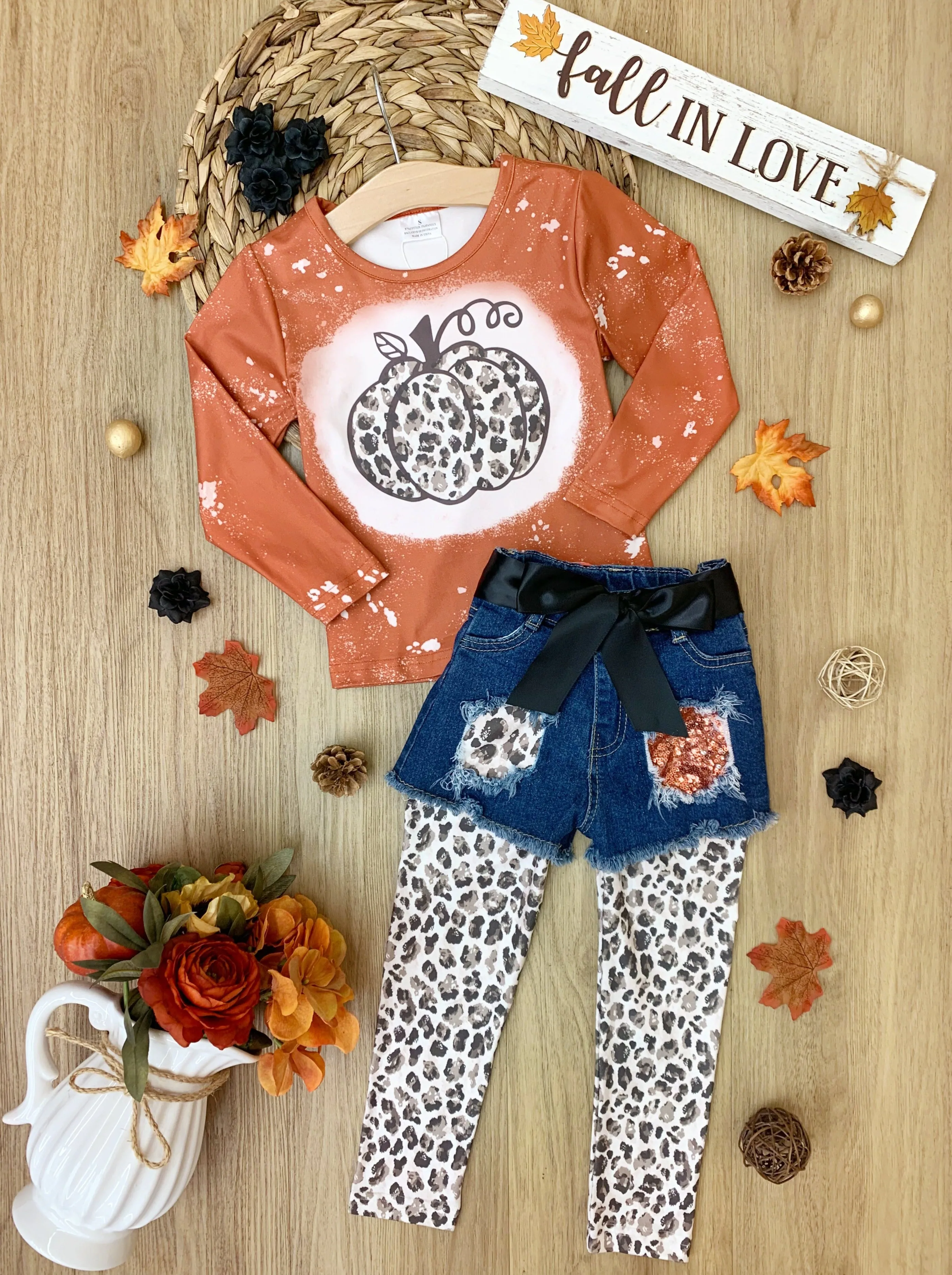 Posh Pumpkin Top, Patched Denim Shorts and Legging Set