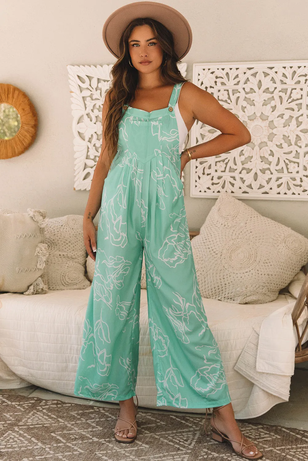 Printed Bib Wide Leg Overalls