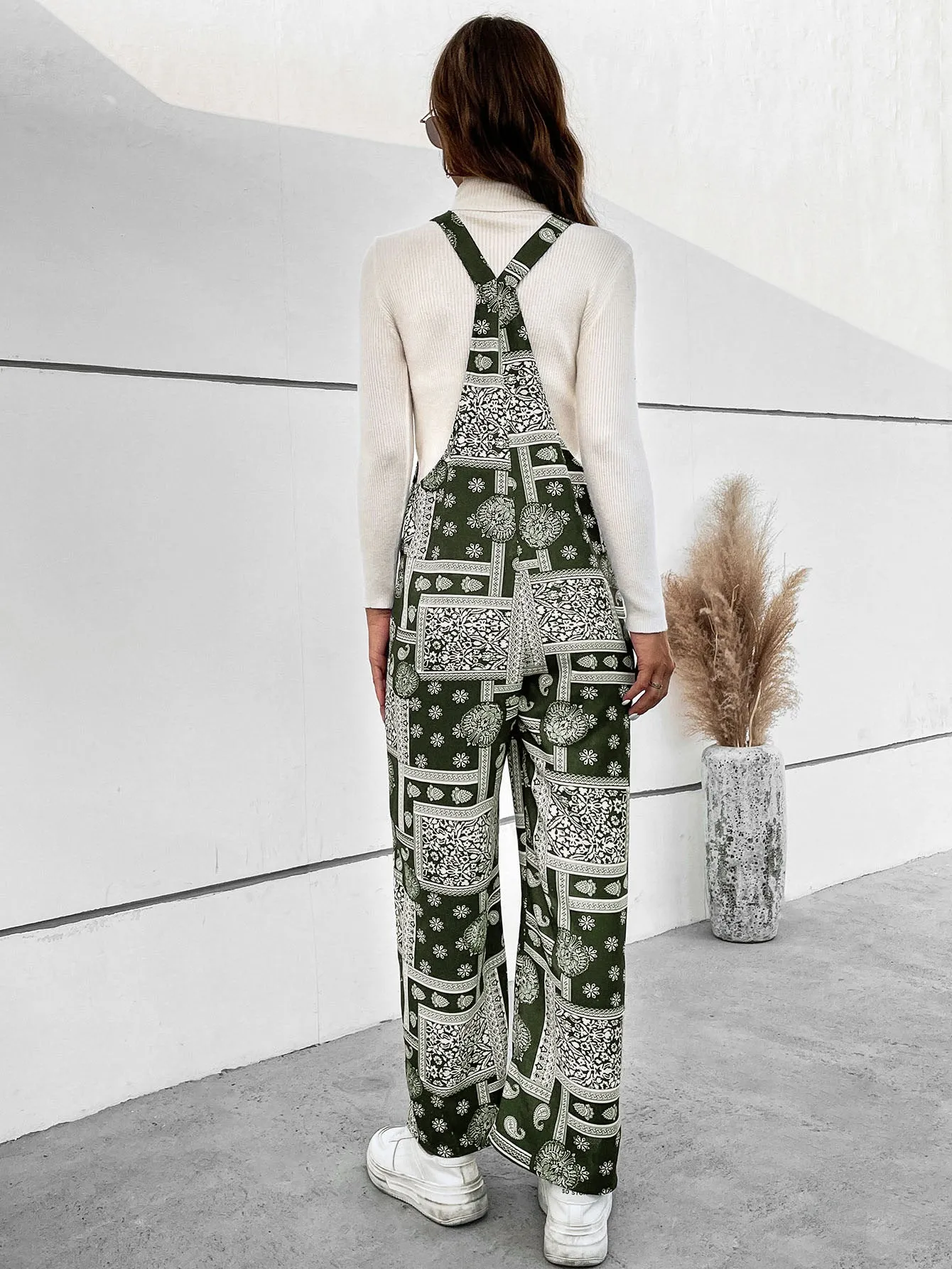 Printed Straight Leg Overalls with Pockets