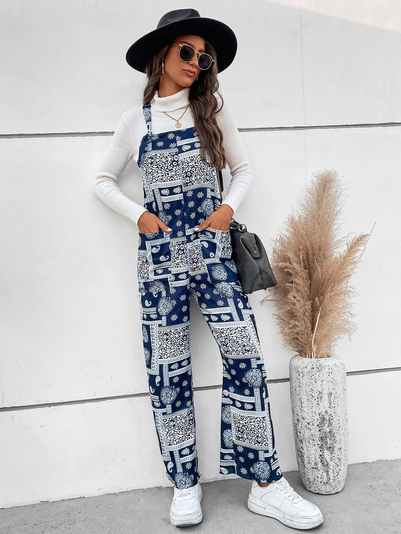 Printed Straight Leg Overalls with Pockets