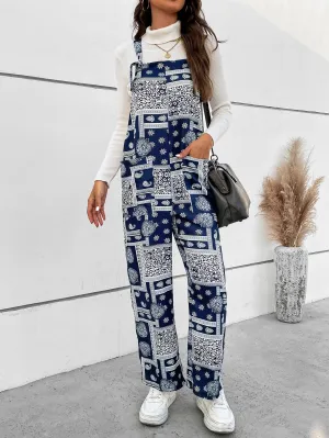 Printed Straight Leg Overalls with Pockets