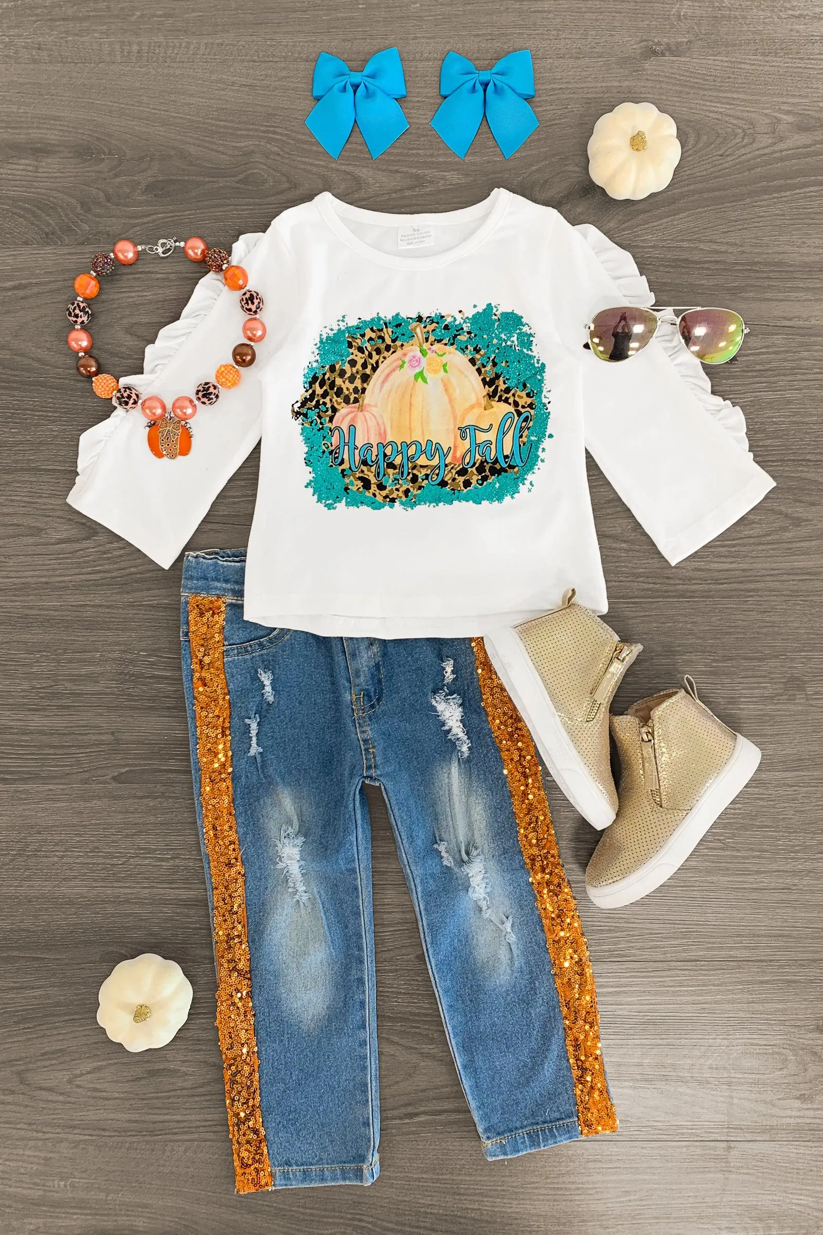 "Happy Fall" Sequin Distressed Denim Set