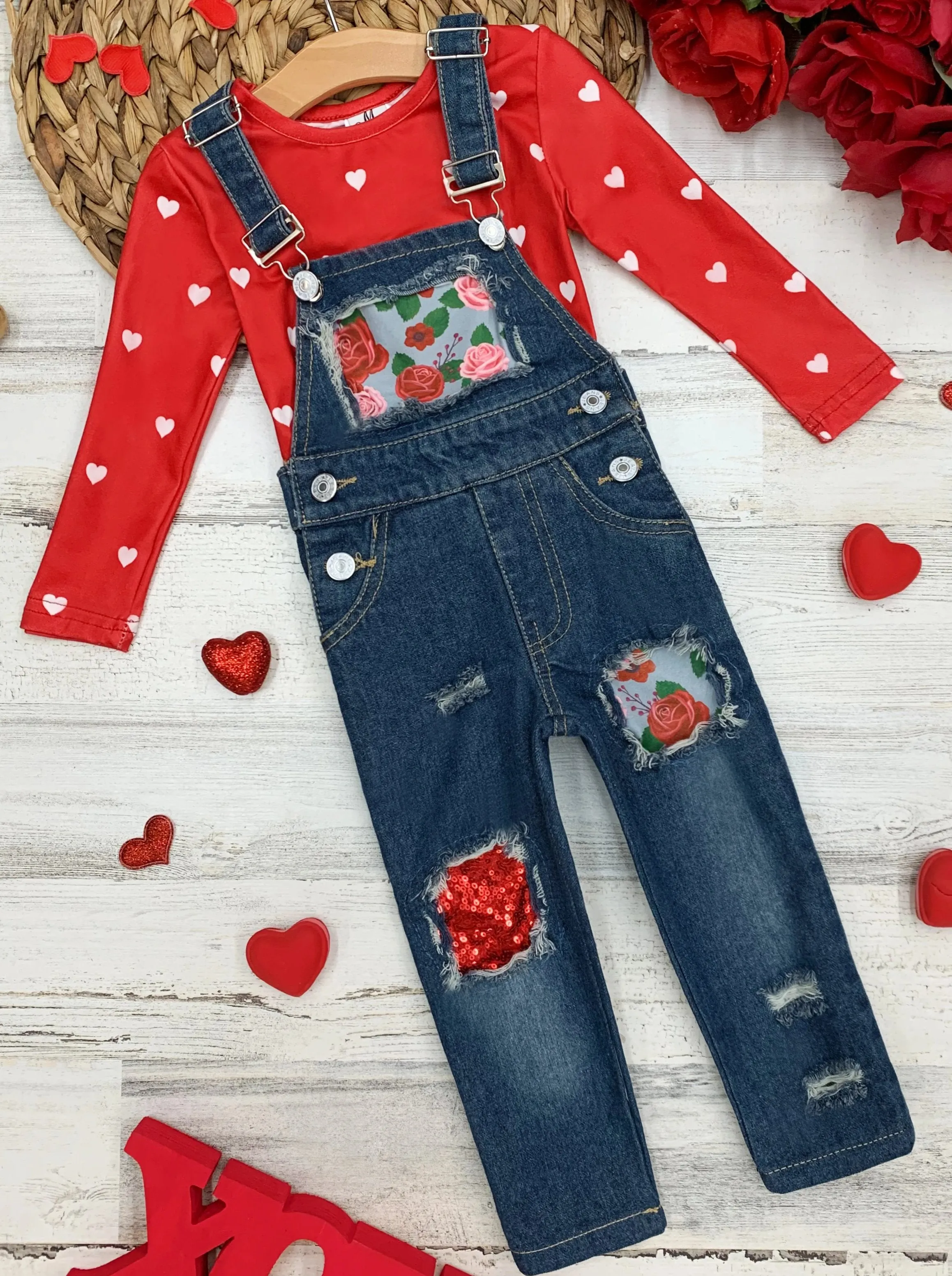 Raining Roses Patched Denim Overall Set