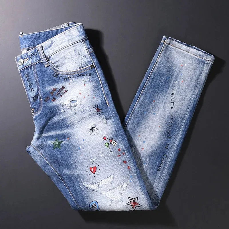 Ripped Rhinestone Decoration Slim Fit Jeans