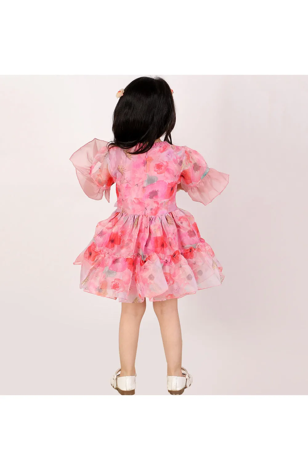 Rose Pink Floral Printed Organza Dress