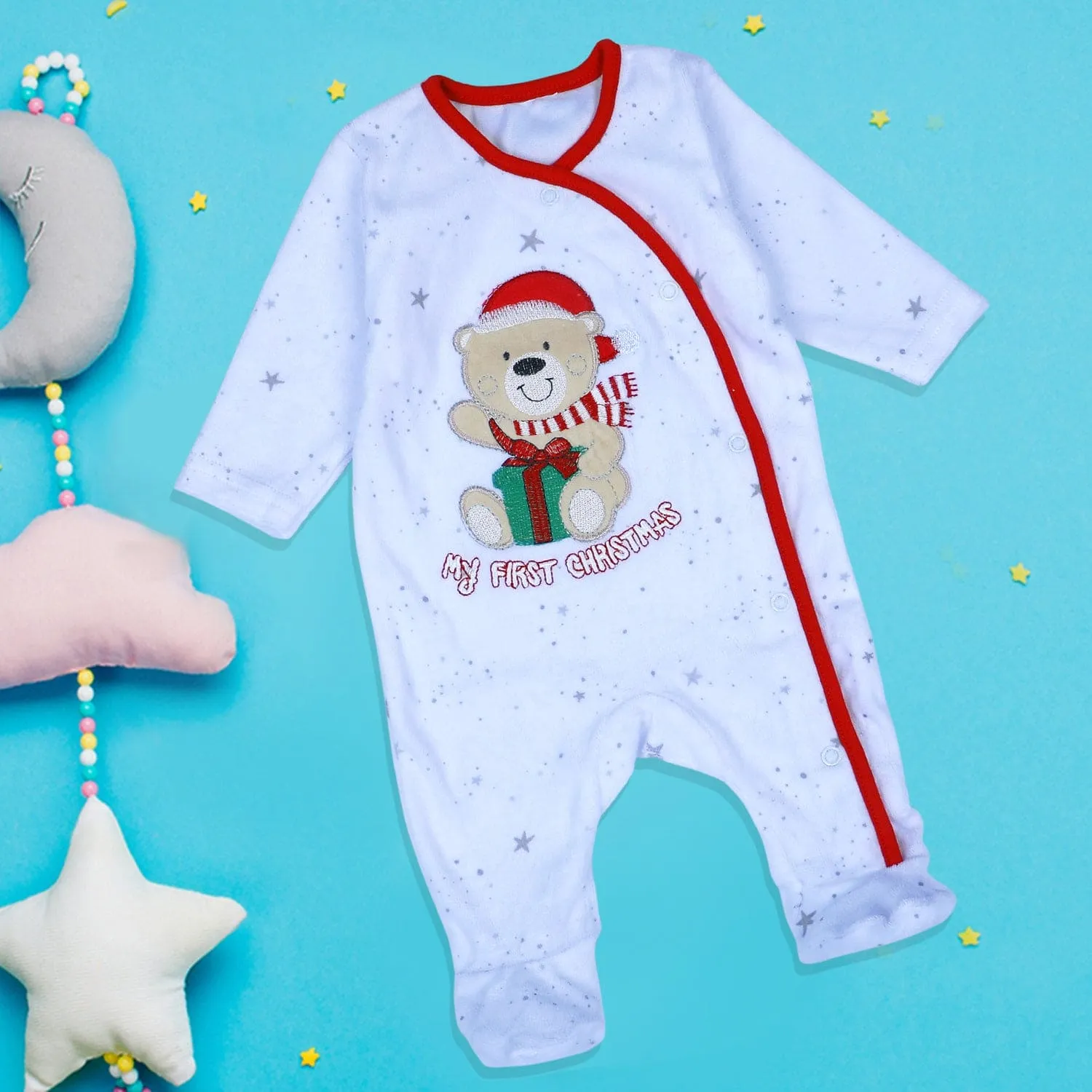 Santa's Favourite Infant Full Sleeves Snap Button Bodysuit Romper - White