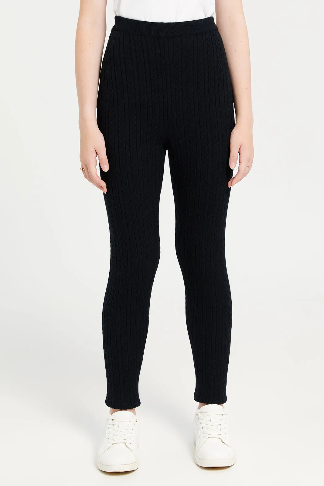 Senior Girls Black Cable Knit Leggings