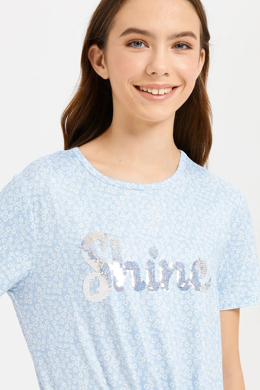 Senior Girls Blue Printed Front Tie Top