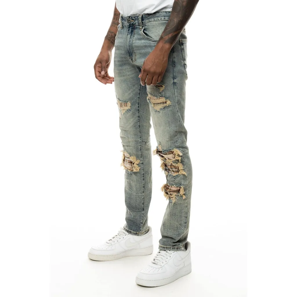 Slim Plaid Backed Jeans - Hazel Blue