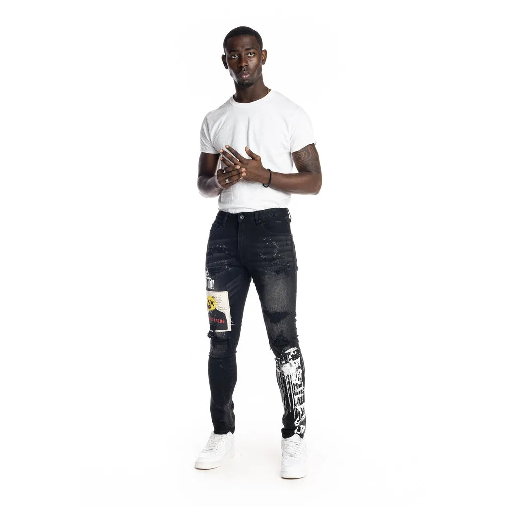 Slim Tapered Graphic Patched Jeans - Dusty Black