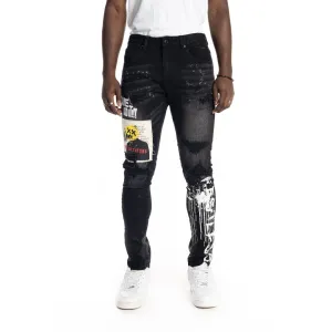 Slim Tapered Graphic Patched Jeans - Dusty Black