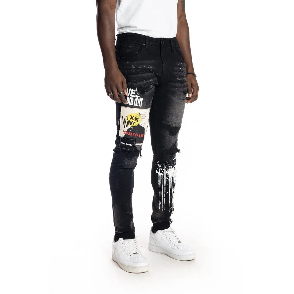 Slim Tapered Graphic Patched Jeans - Dusty Black