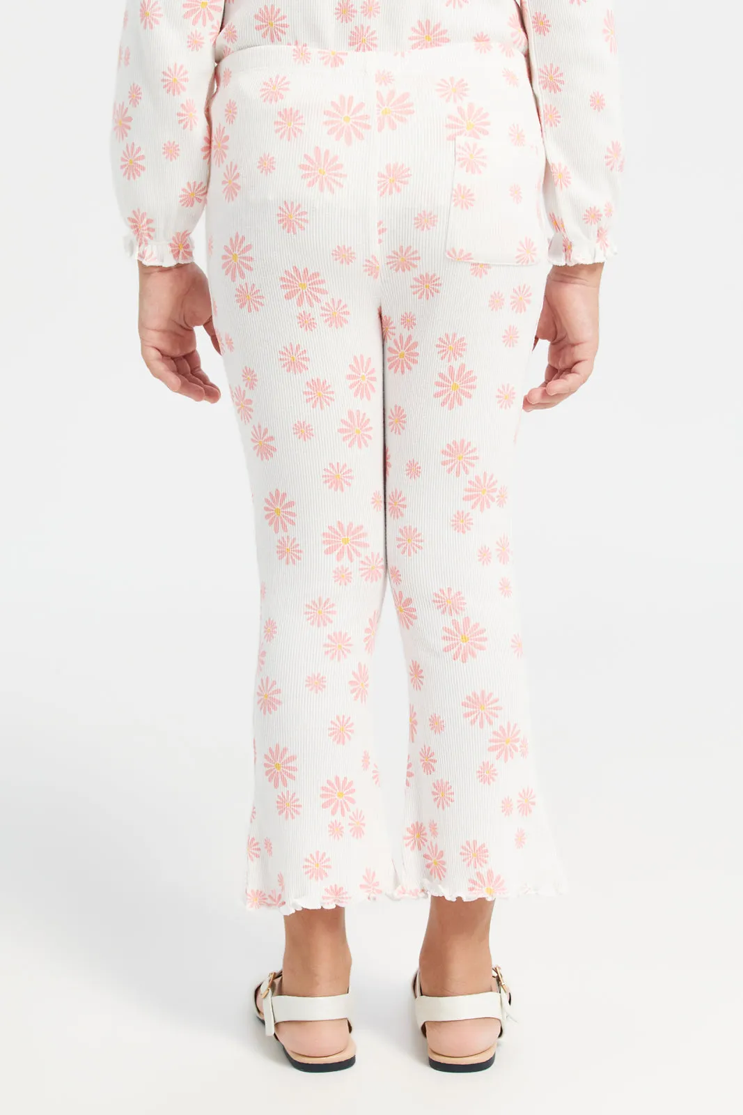 White Floral Aop Rib Leggings