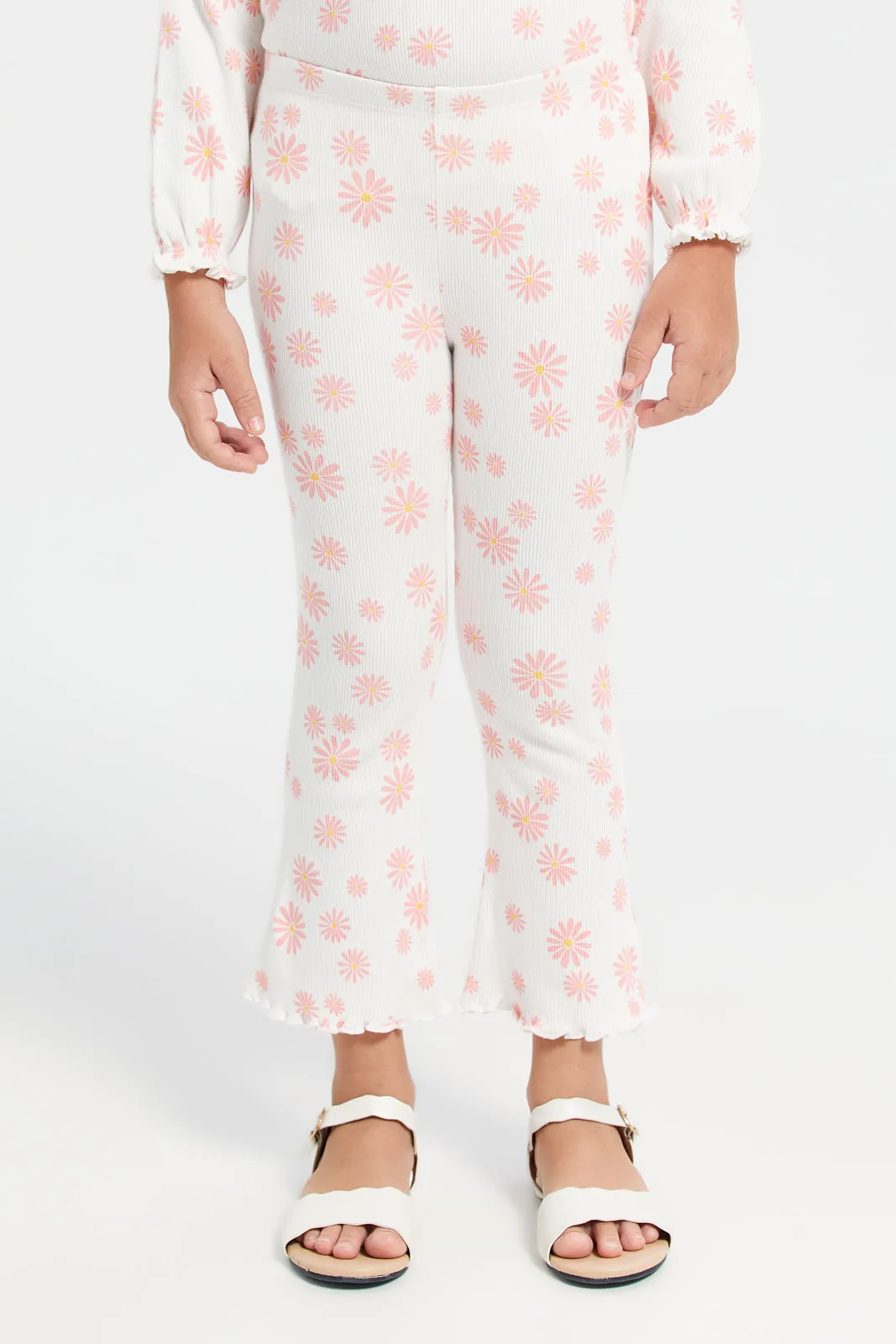 White Floral Aop Rib Leggings