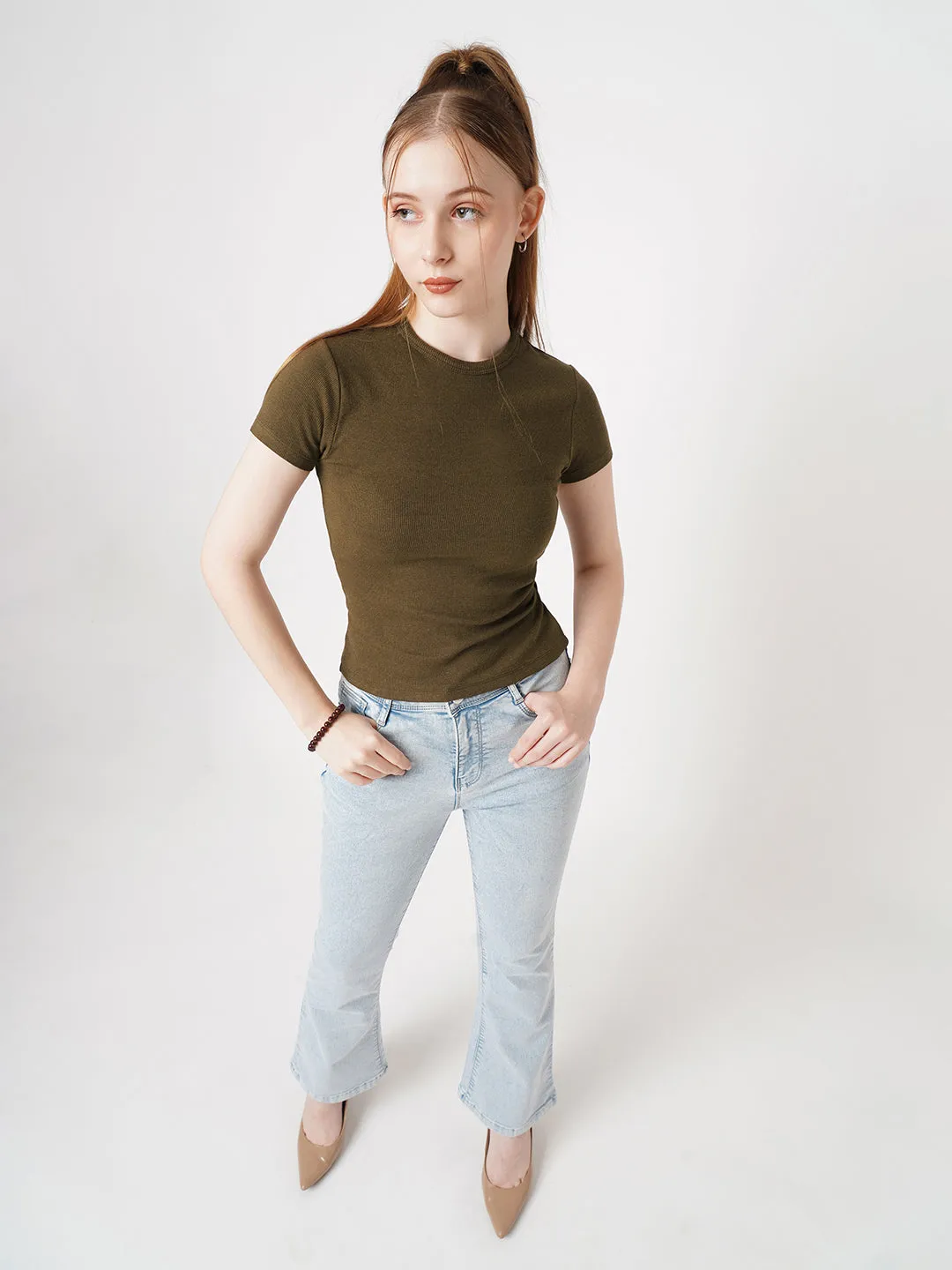 Women Slim Fit Sepia Crop Rib T-Shirt